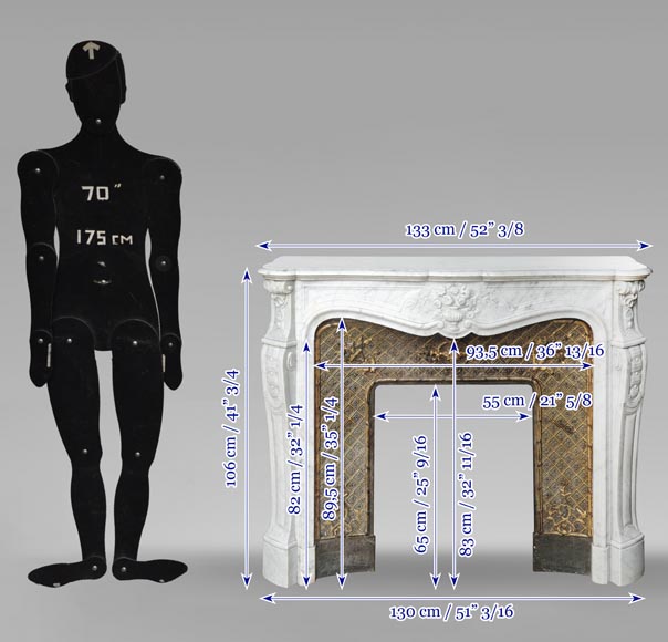 Louis XV style fireplace in Carrara marble, decorated with a vase of flowers Louis XV style fireplace in Carrara marble, decorated with a vase of flowers-14