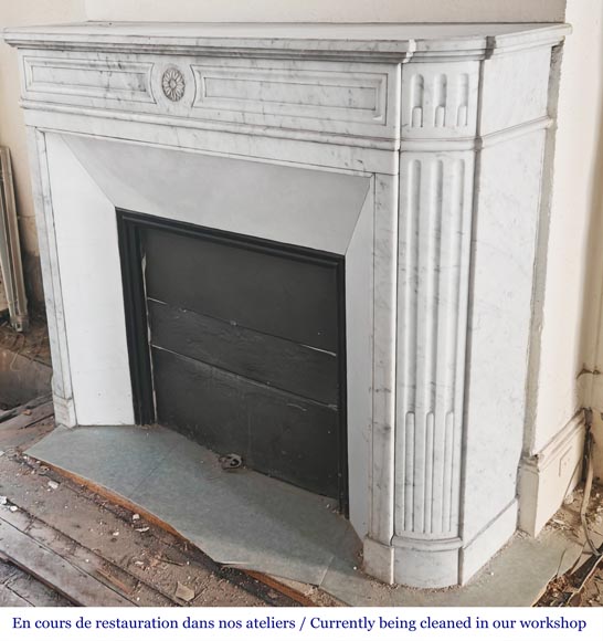Louis XVI style fireplace with rounded corners and sunflower motif, in Carrara marble-5