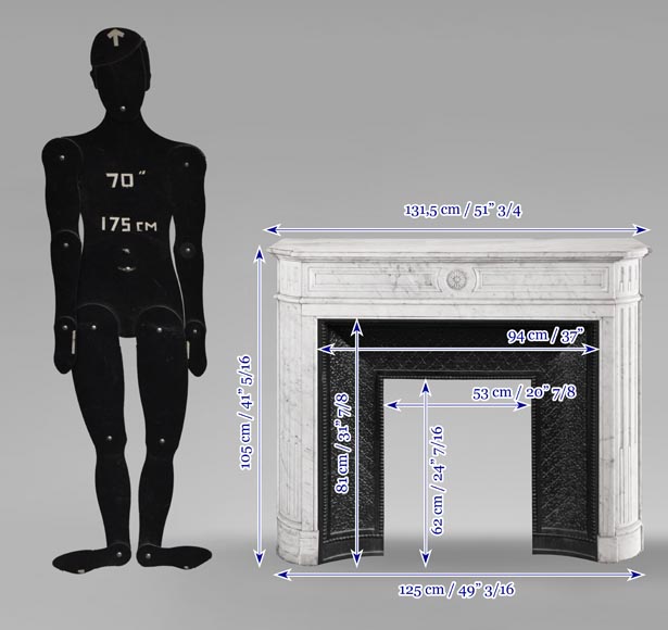 Louis XVI style fireplace with rounded corners and sunflower motif, in Carrara marble-9