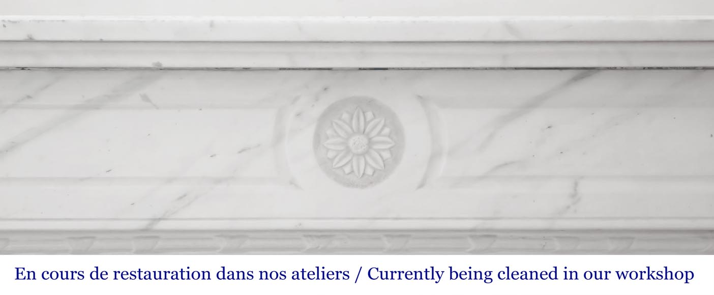 Louis XVI style fireplace in semi-statuary marble, decorated with a sunflower Louis XVI style fireplace in semi-statuary marble, decorated with a sunflower-1