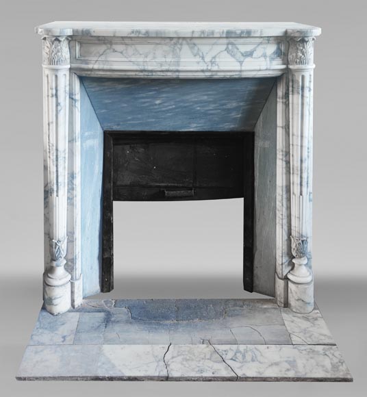 Louis XVI style curved-front fireplace in Arabescato marble, featuring half-columns of the Corinthian order-0