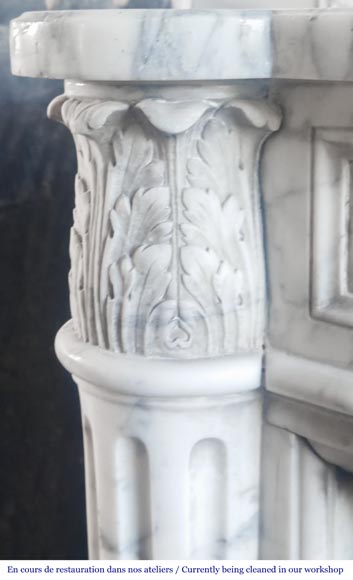 Louis XVI style curved-front fireplace in Arabescato marble, featuring half-columns of the Corinthian order-4