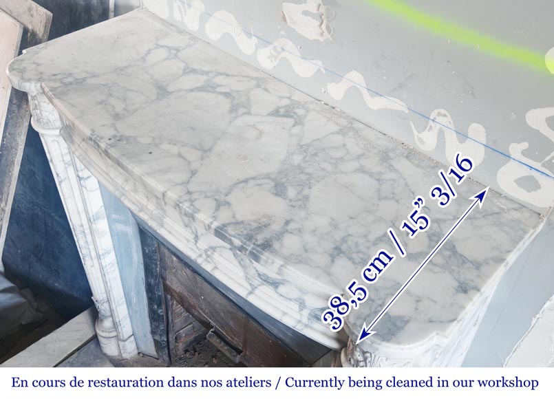 Louis XVI style curved-front fireplace in Arabescato marble, featuring half-columns of the Corinthian order-11