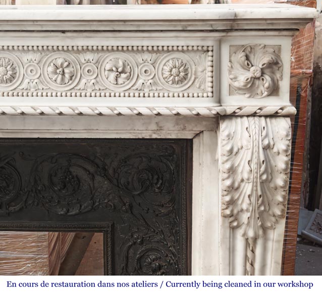 Louis XVI style Carrara marble fireplace with bead and rosette ornamentation Louis XVI style Carrara marble fireplace with bead and rosette ornamentation-11