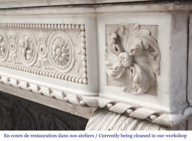 Louis XVI style Carrara marble fireplace with bead and rosette ornamentation Louis XVI style Carrara marble fireplace with bead and rosette ornamentation-12