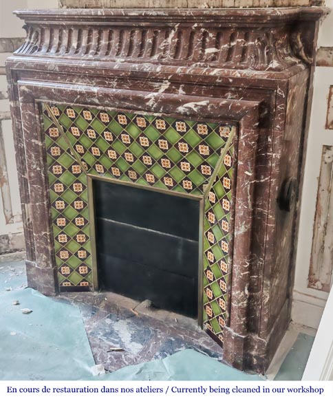 Louis XIV-style fireplace with acroterion, in Rouge du Nord marble Louis XIV-style fireplace with acroterion, in Rouge du Nord marble-5