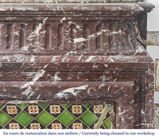 Louis XIV-style fireplace with acroterion, in Rouge du Nord marble Louis XIV-style fireplace with acroterion, in Rouge du Nord marble-6