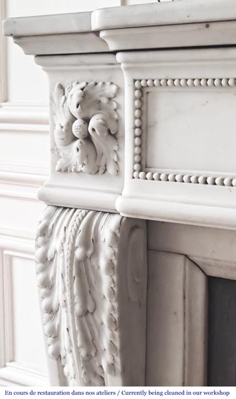Louis XVI-style statuary marble fireplace featuring acanthus leaf and bead-and-reel motifs Louis XVI-style statuary marble fireplace featuring acanthus leaf and bead-and-reel motifs-5
