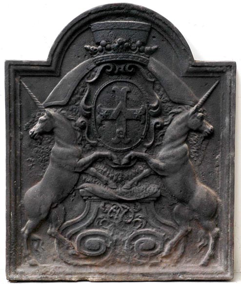 18th-century fireback with Louis Lepeletier de Rosanbo coat of arms and unicorns 18th-century fireback with Louis Lepeletier de Rosanbo coat of arms and unicorns-0