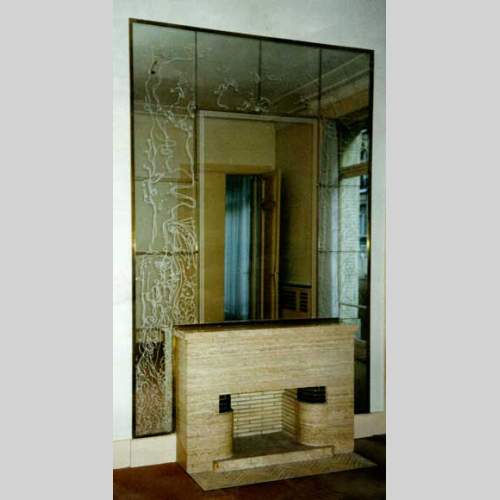 Mantel in travertine stone from the 1940's with surrounding wall of mirrors