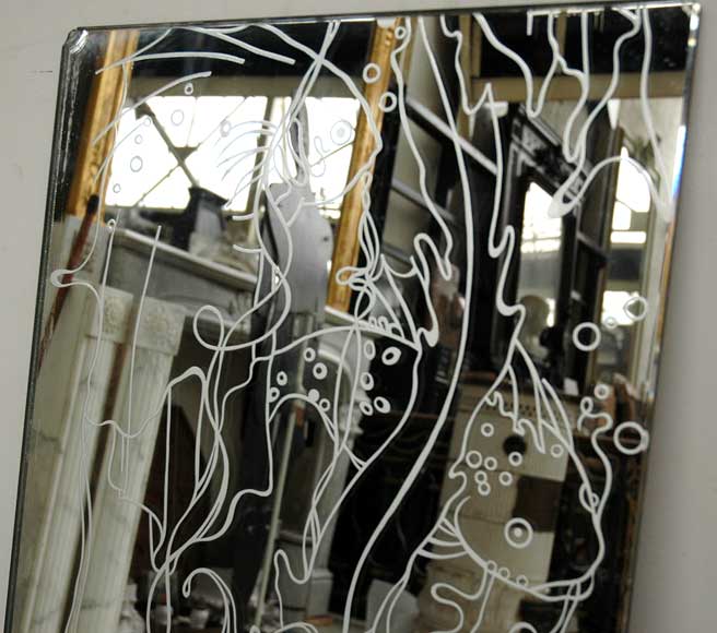 Mantel in travertine stone from the 1940's with surrounding wall of mirrors Mantel in travertine stone from the 1940's with surrounding wall of mirrors-3