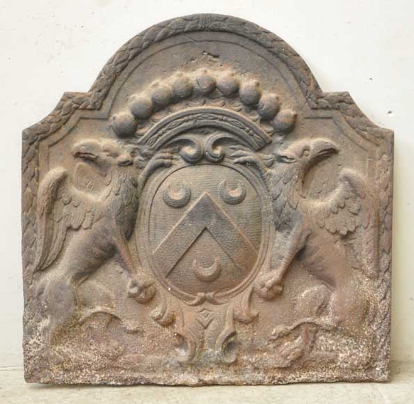 Antique cast iron fireback with Gaullier de la Selle coat of arms Antique cast iron fireback with Gaullier de la Selle coat of arms-0