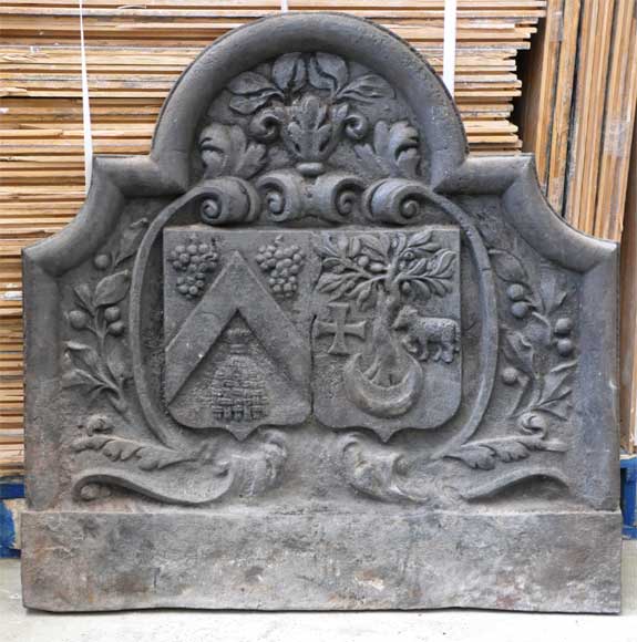Antique cast iron fireback with two coat of arms Antique cast iron fireback with two coat of arms-0