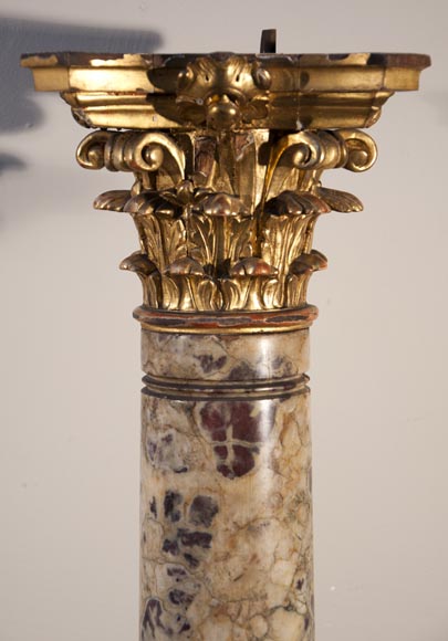 Antique pair of columns made out of Breche Violette and carved and gilded wood Antique pair of columns made out of Breche Violette and carved and gilded wood-1